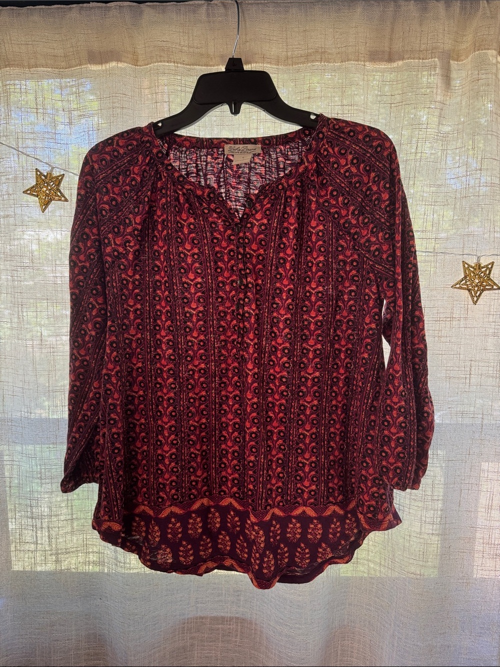 Lucky Brand Cotton/Modal Boho Printed Button Up Peasant Blouse - Red